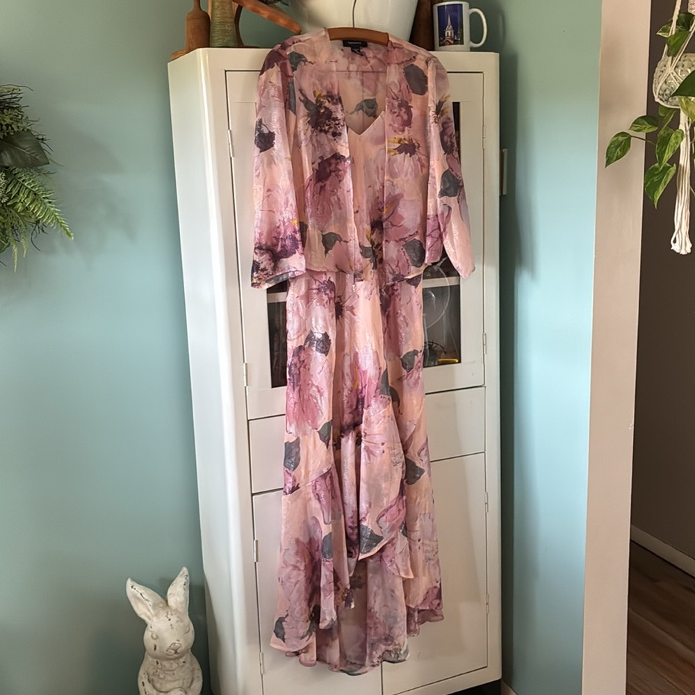 R&M Richards sz 12 Floral Pink Sleeveless Dress with Sheer Open Front Cardigan